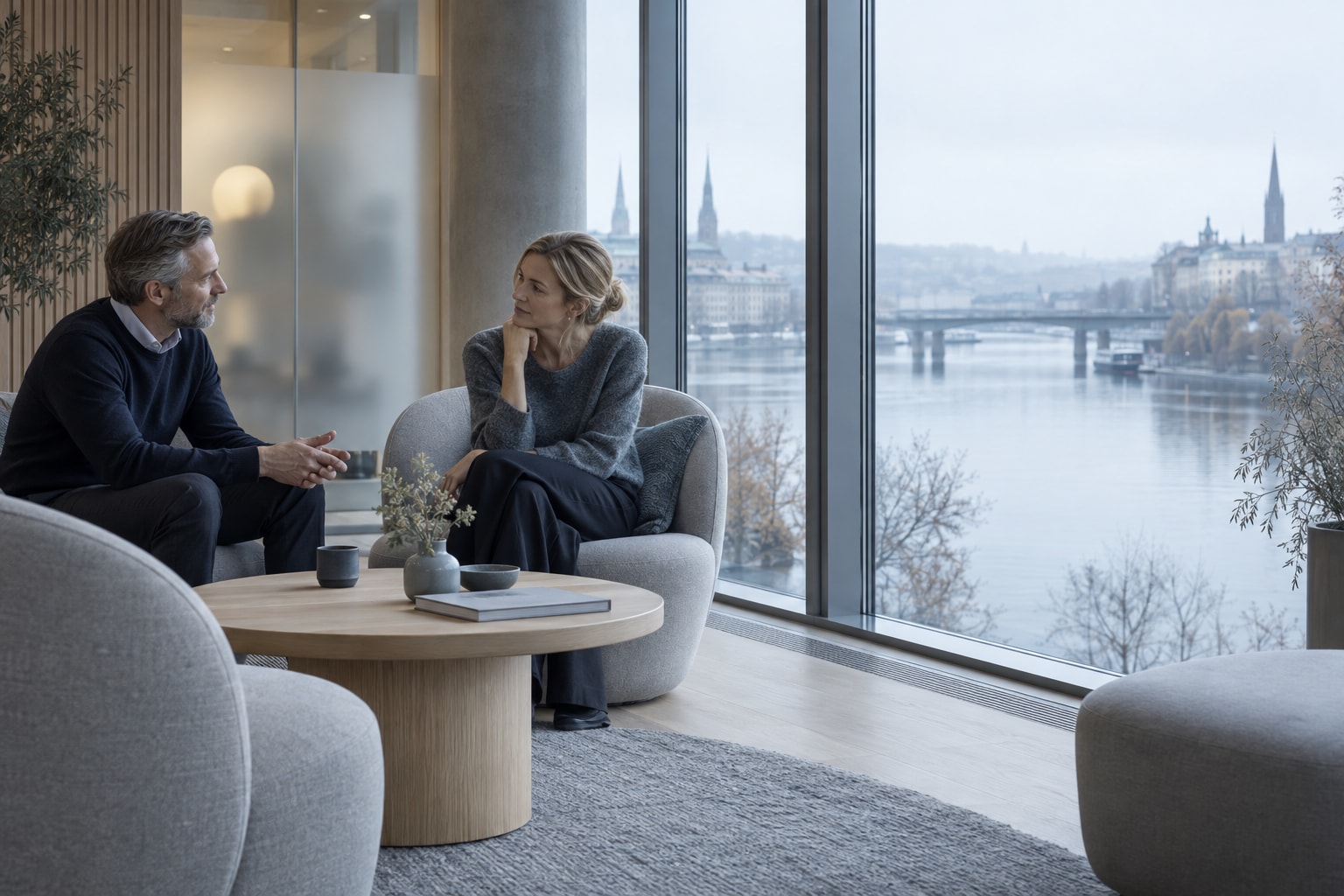 Two professionals in a confidential conversation beside a calm river