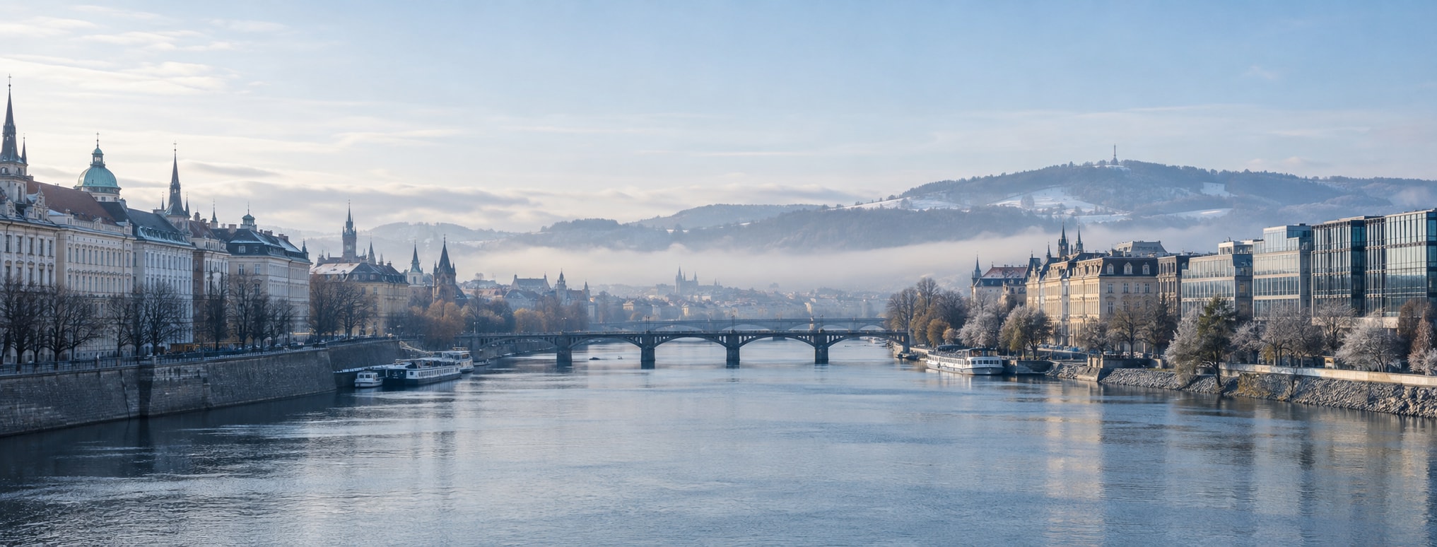 The Vltava river flowing through a misty Prague skyline, historic riverside buildings on both banks